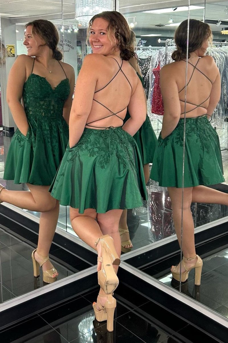 Midna | Green Appliques Sweetheart Lace - Up A - Line Short Party Dress - KissProm