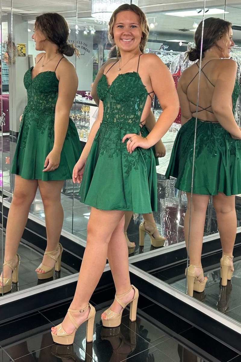 Midna | Green Appliques Sweetheart Lace - Up A - Line Short Party Dress - KissProm