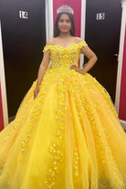 Quinceanera Dress Yellow Off - the - Shoulder Ball Gown with 3D Floral Lace - KissProm