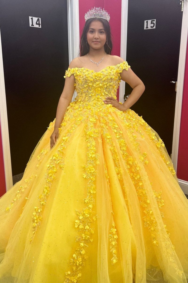 Quinceanera Dress Yellow Off - the - Shoulder Ball Gown with 3D Floral Lace - KissProm