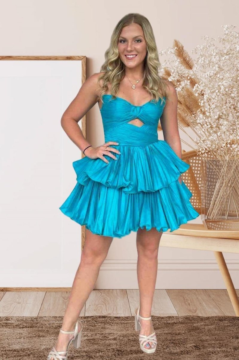 Blue Pleated A - line Short Dress with Keyhole - KissProm