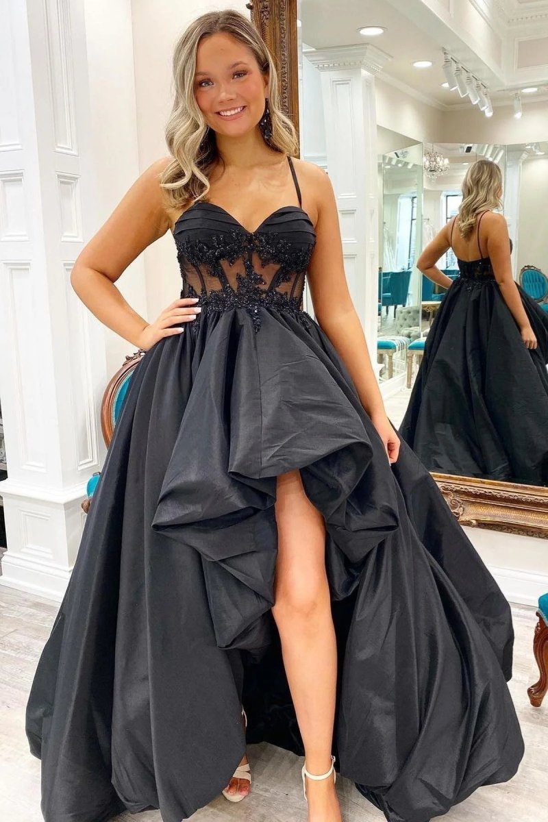 Aubrey | Black Appliques Hi - Low Straps Long Prom Dress - KissProm