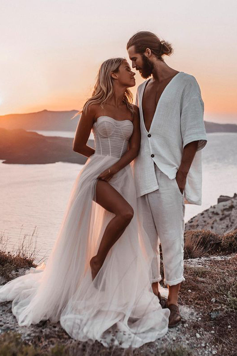 Romantic A-Line Sweetheart Ivory Tulle Beach Wedding Dresses with Slit |  KissProm