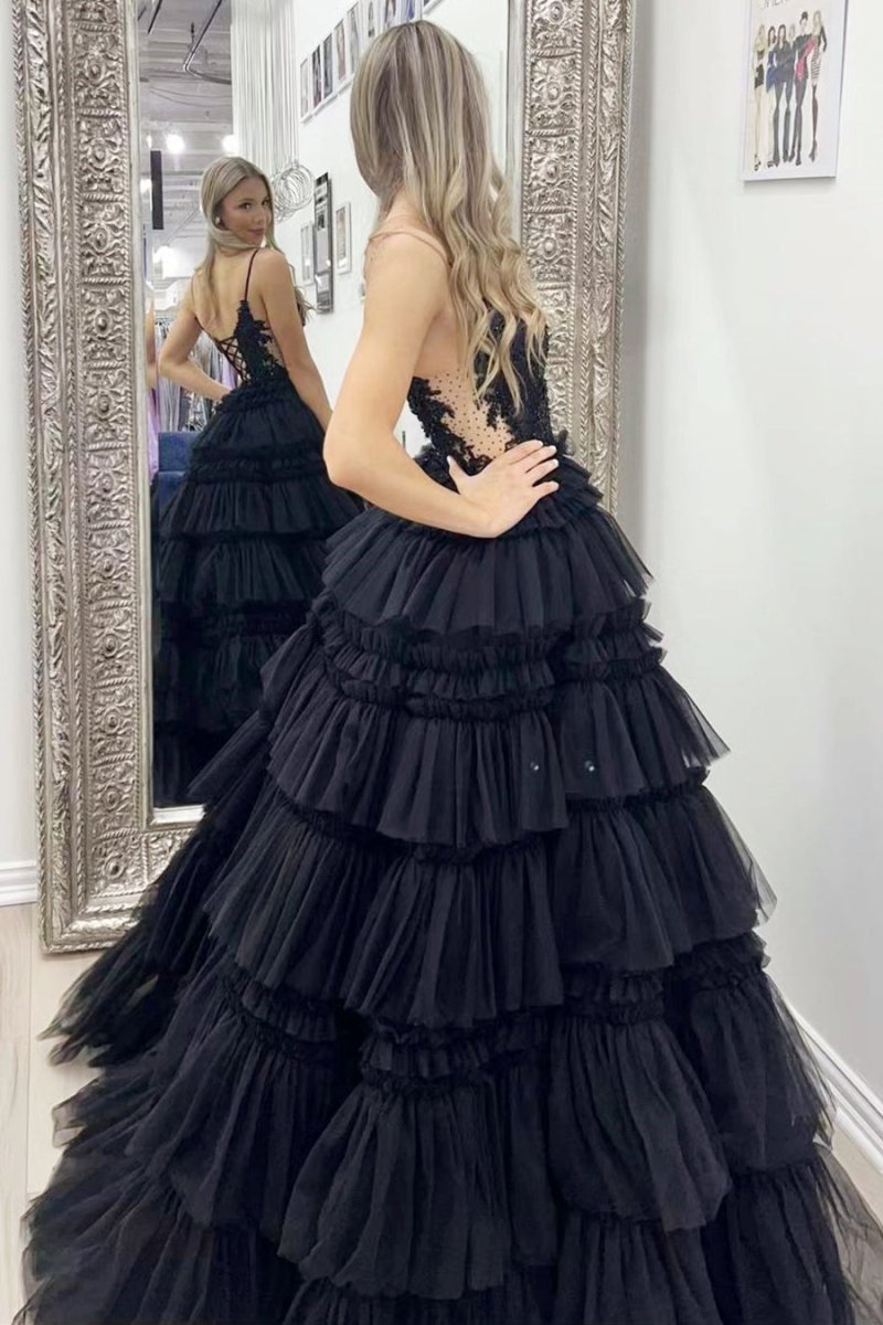 Hadlee | Black Beaded Spaghetti Strap Ruffle Tiered Ball Gown - KissProm