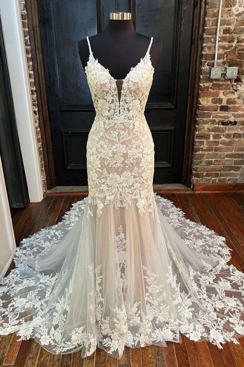 Off White Appliques Backless Mermaid Long Wedding Dress - KissProm