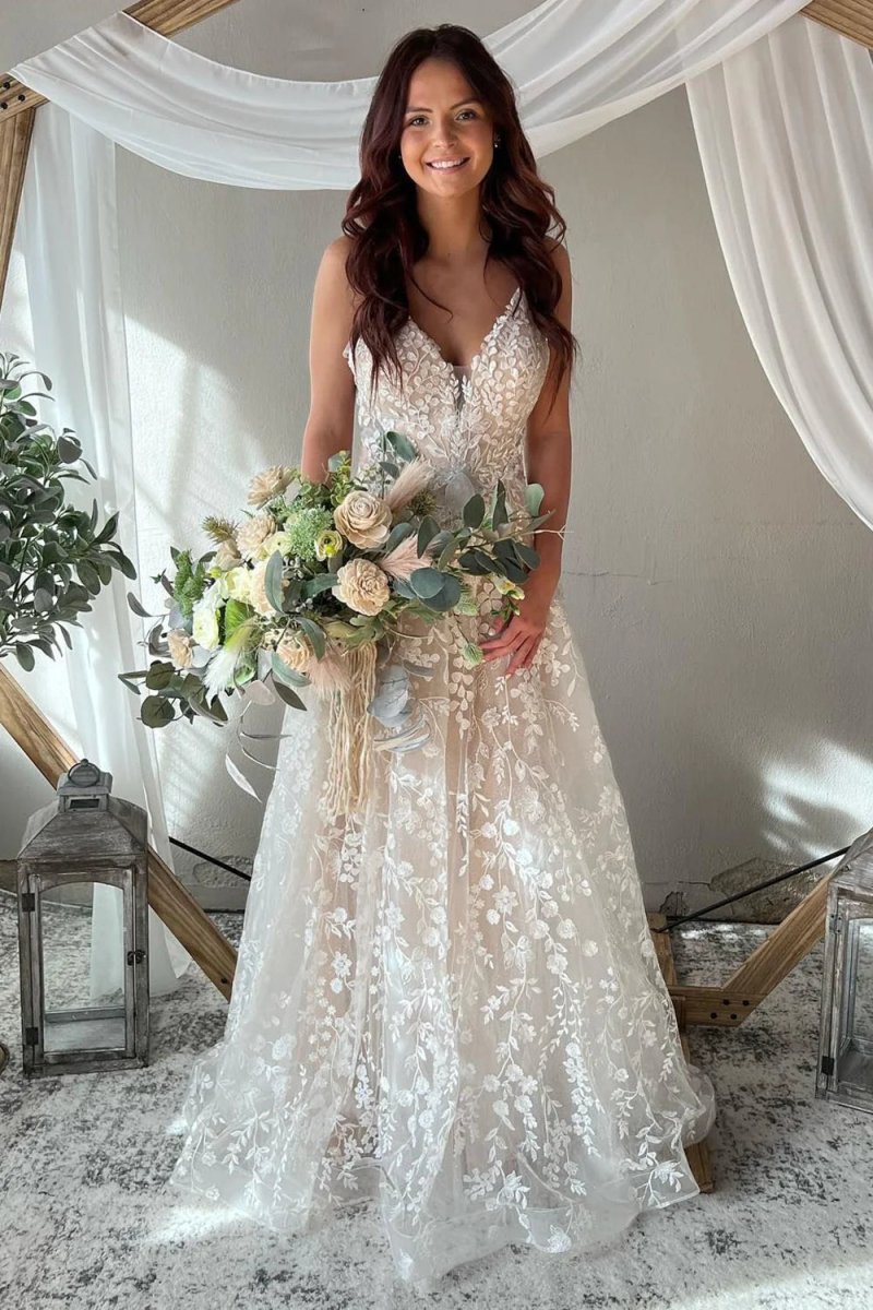 Exquisite A - Line V Neck Lace Boho Wedding Dresses - KissProm