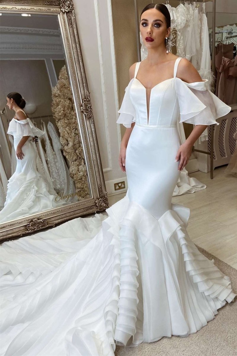 Loretta | White Spaghetti Straps Mermaid Sweetheart Long Wedding Dress - KissProm