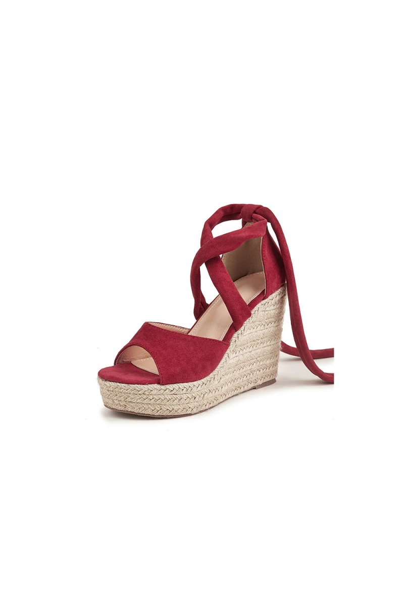 Outdoor Suede Peep Toe Wedge Heel Shoes With Lace - Up - KissProm