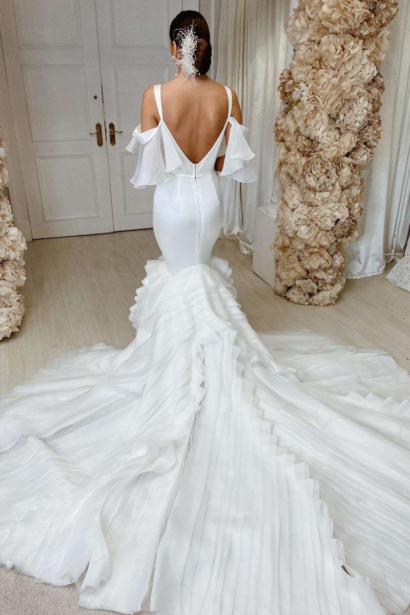 Loretta | White Spaghetti Straps Mermaid Sweetheart Long Wedding Dress - KissProm