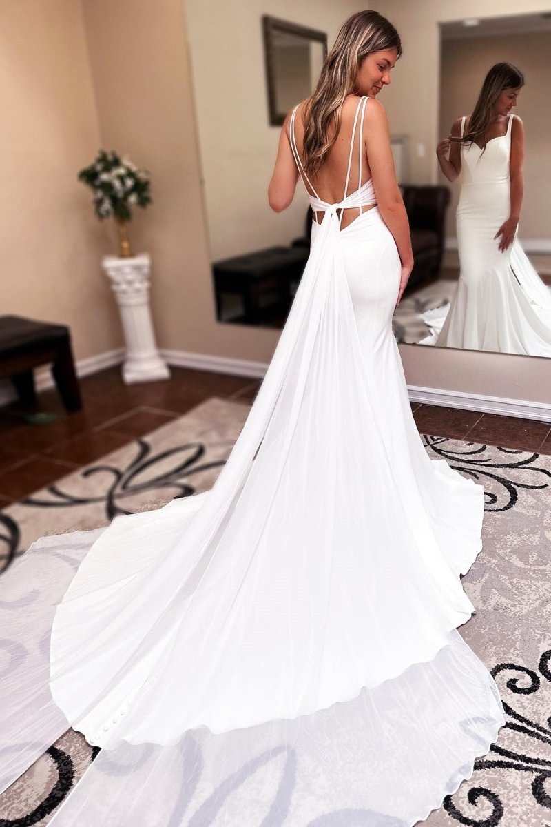 Ivory Sweetheart Backless Mermaid Long Wedding Dress with Attached Train - KissProm