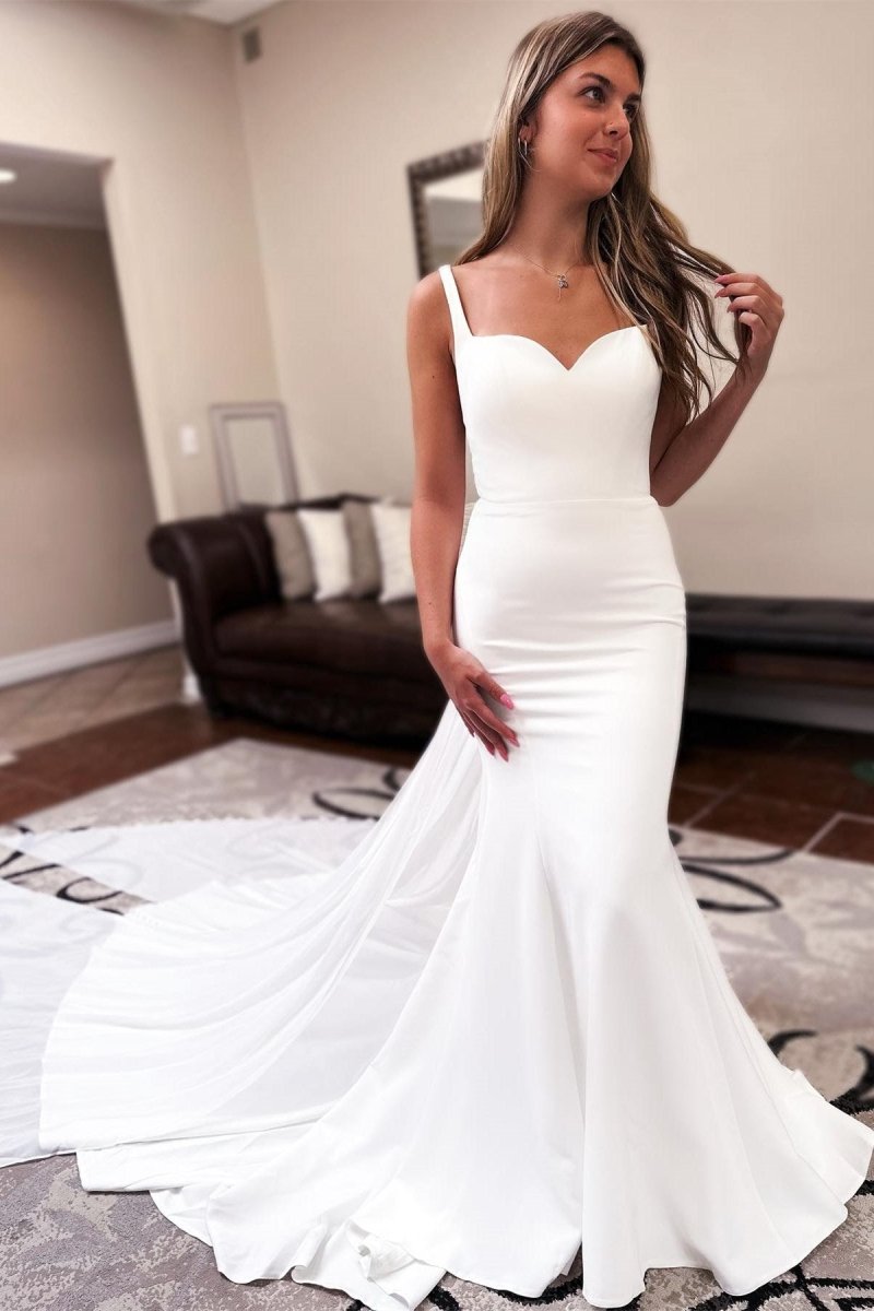 Ivory Sweetheart Backless Mermaid Long Wedding Dress with Attached Train - KissProm