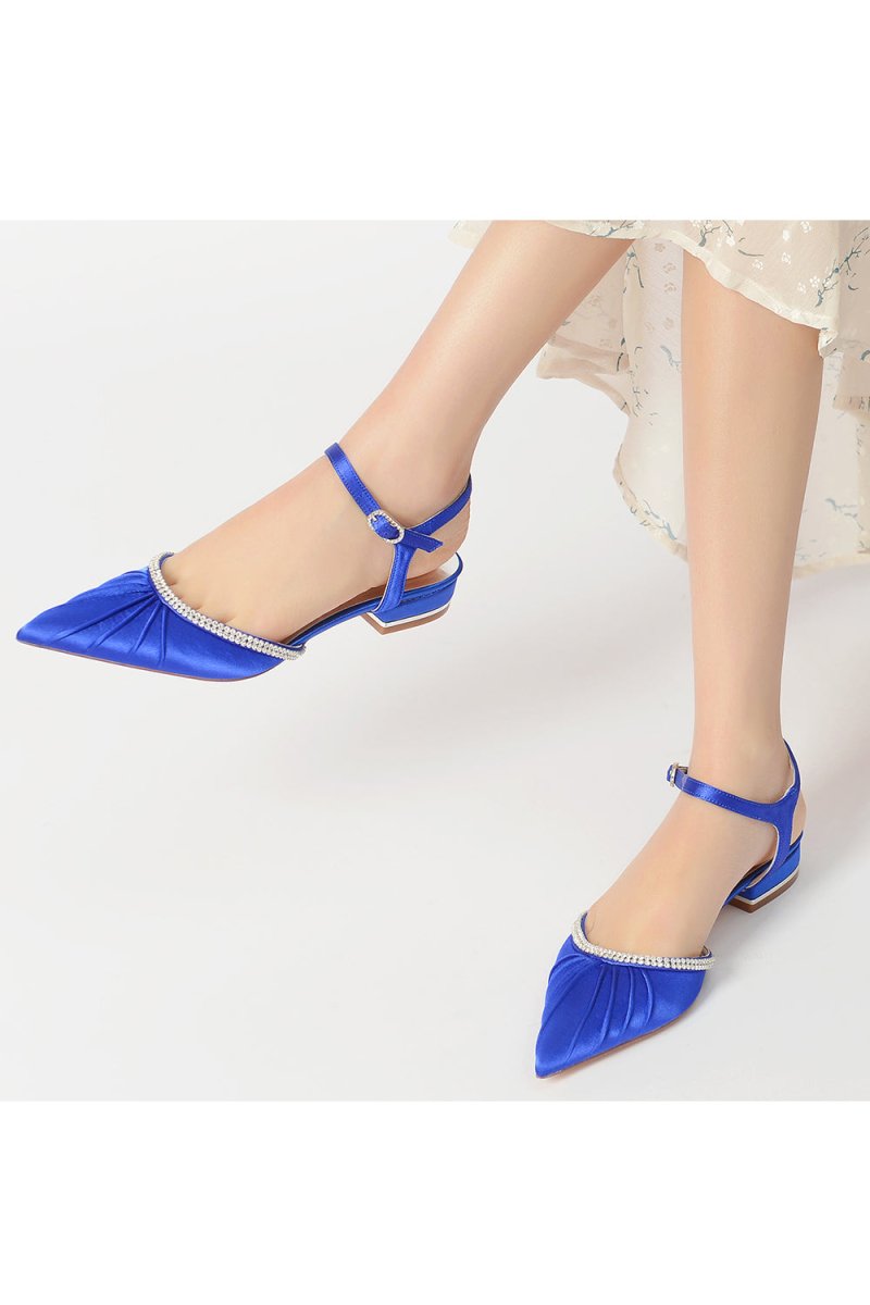 Satin Pointed Toe Beaded Buckle Kitten Heels - KissProm