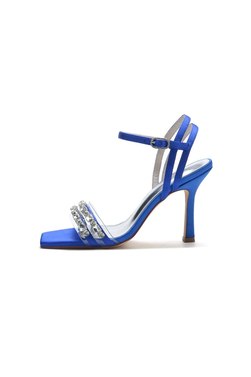 Royal Blue Satin Heels with Double Crystal Straps - KissProm