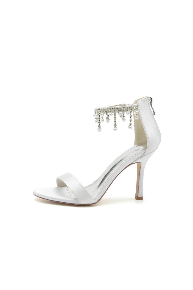 Glamorous White Leather High Heels with Silver Chain Accent - KissProm