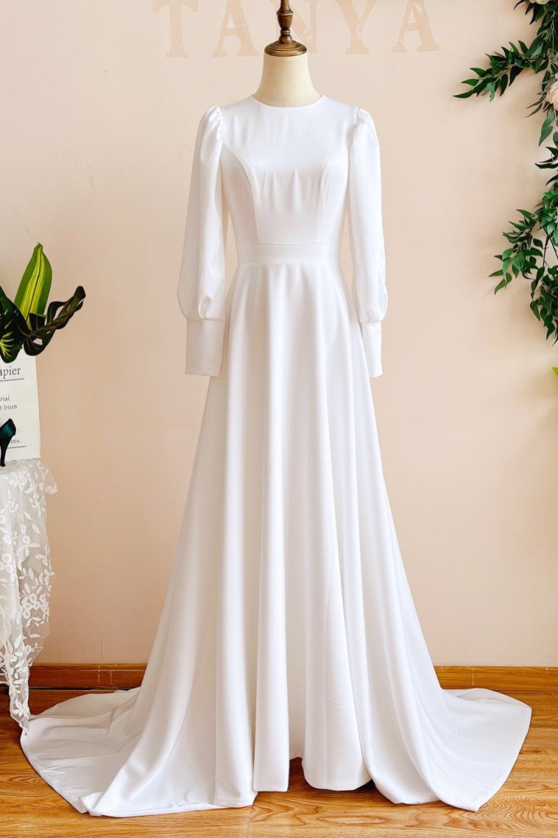 Modest A Line Long Sleeves Wedding Dress Vintage Gown - KissProm