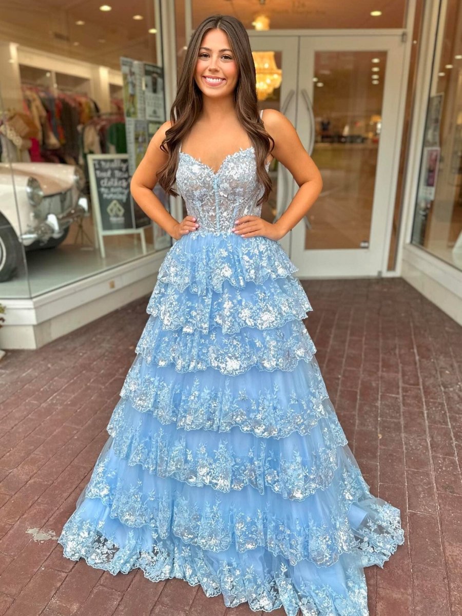 Maryam |A Line Spaghetti Straps Tiered Lace Prom Dress - KissProm