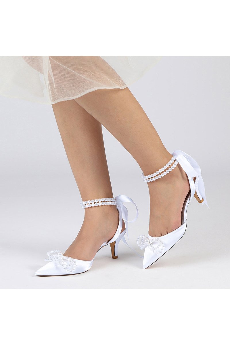 Pearl Ribbon Pointed Toe Ankle Strap High Heels - KissProm