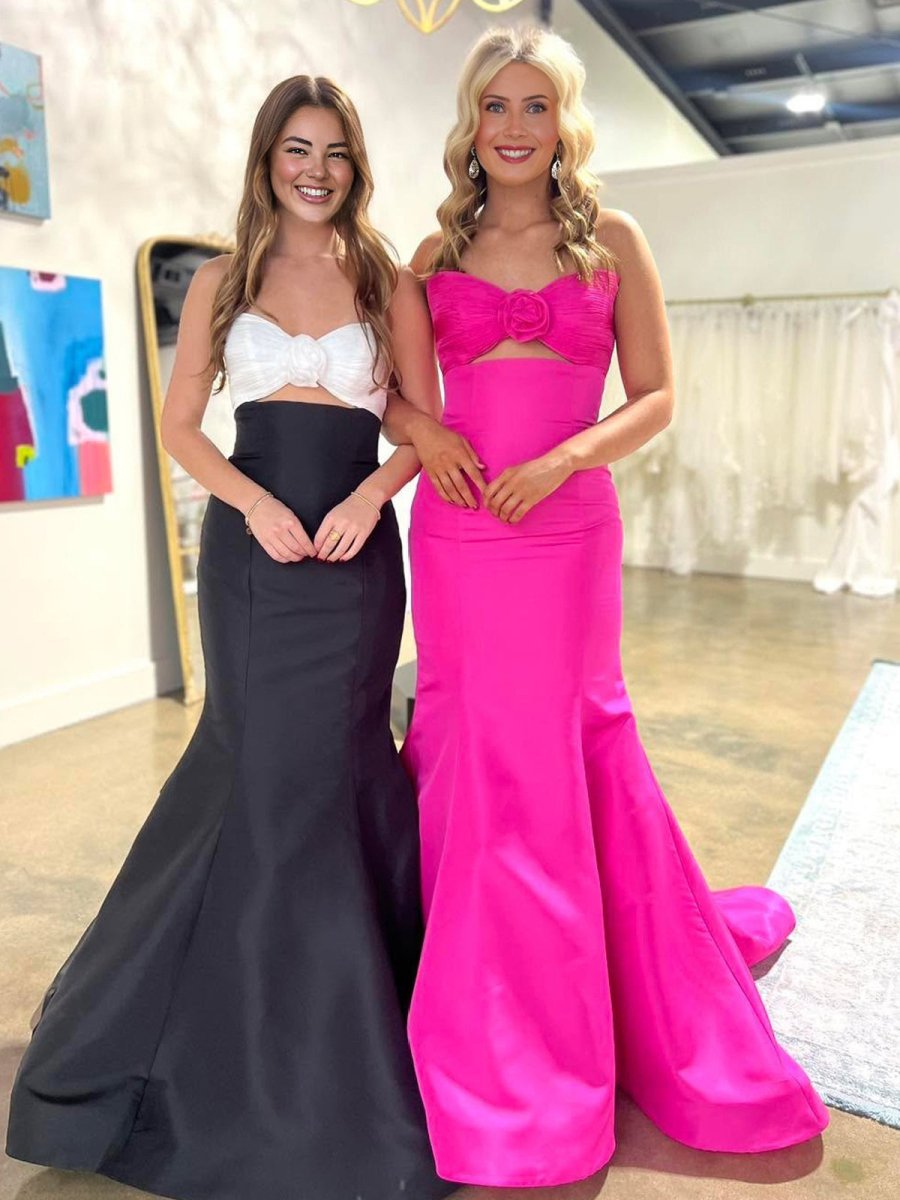 Julie | Strapless White and Black Ruched Mermaid Prom Dress - KissProm