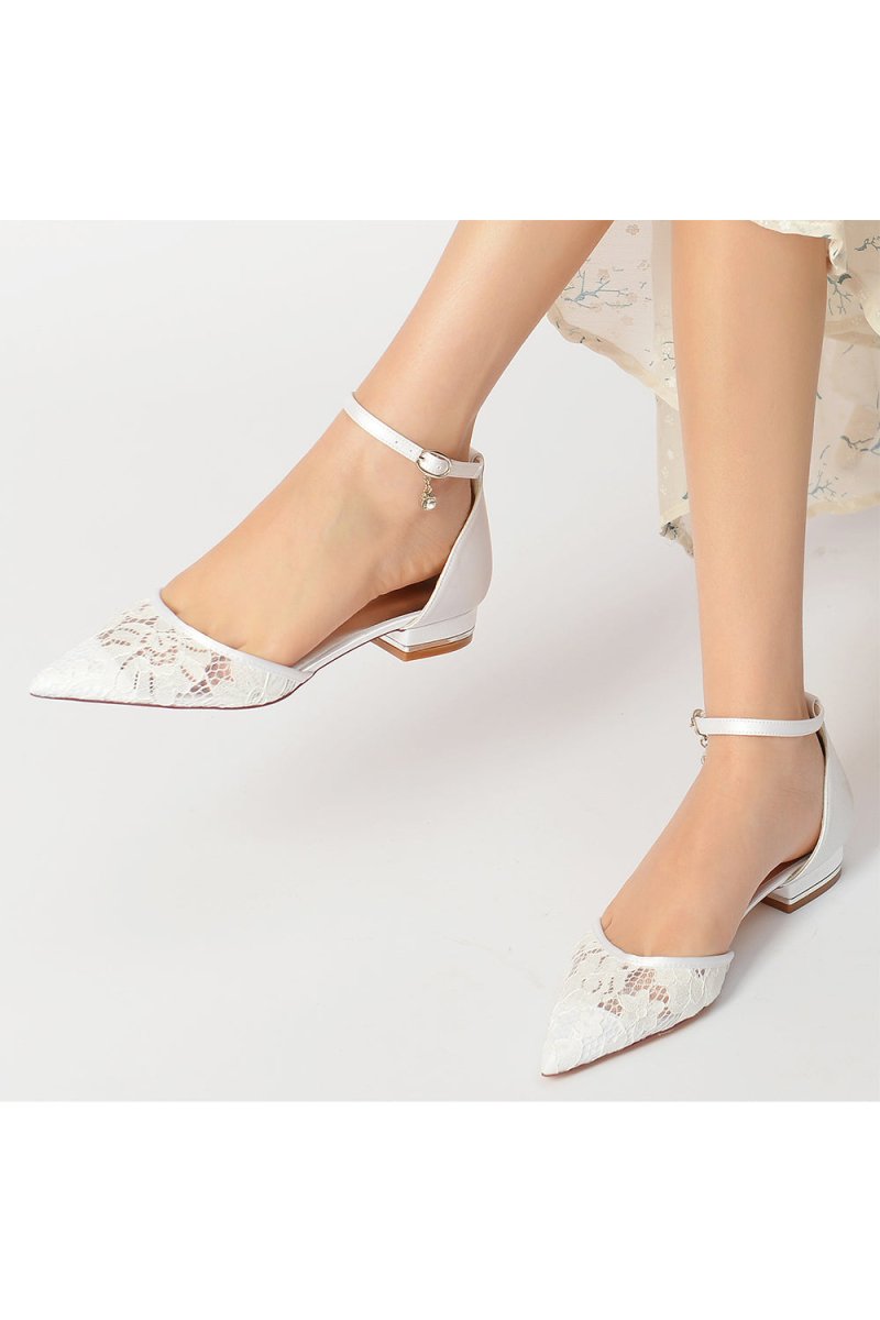 Lace Pointed Toe Ankle Strap Kitten Heels - KissProm