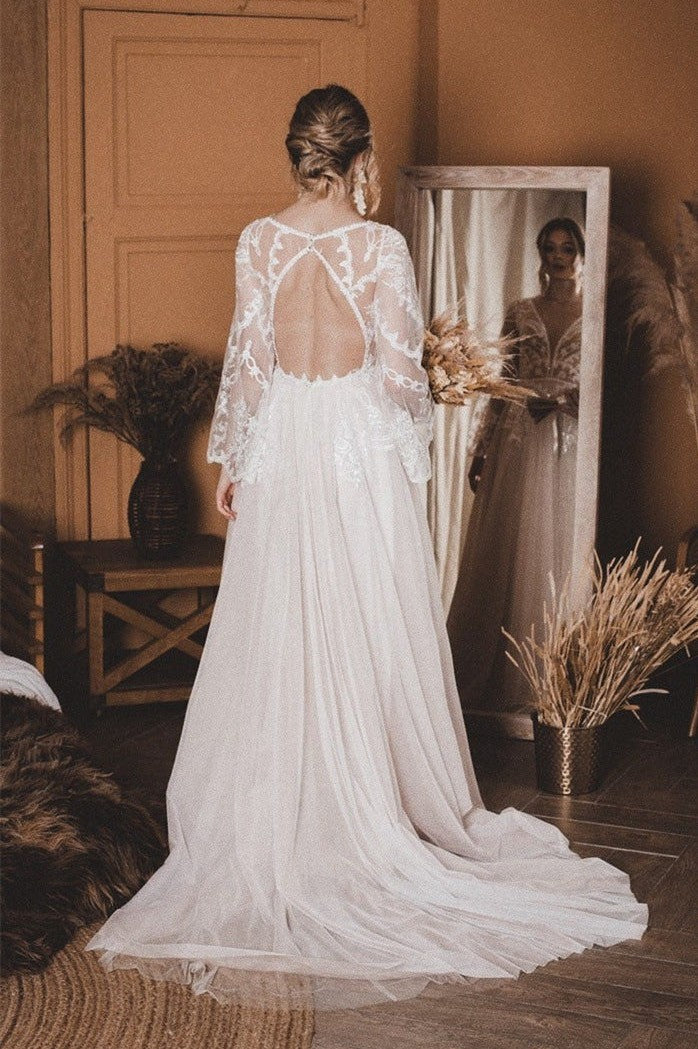 A-Line Lace Top Flare Sleeves Open Back Wedding Dress | KissProm