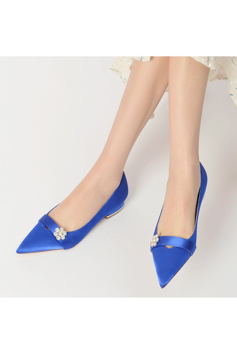 Satin Pointed Toe Floral Beading Kitten Heels - KissProm