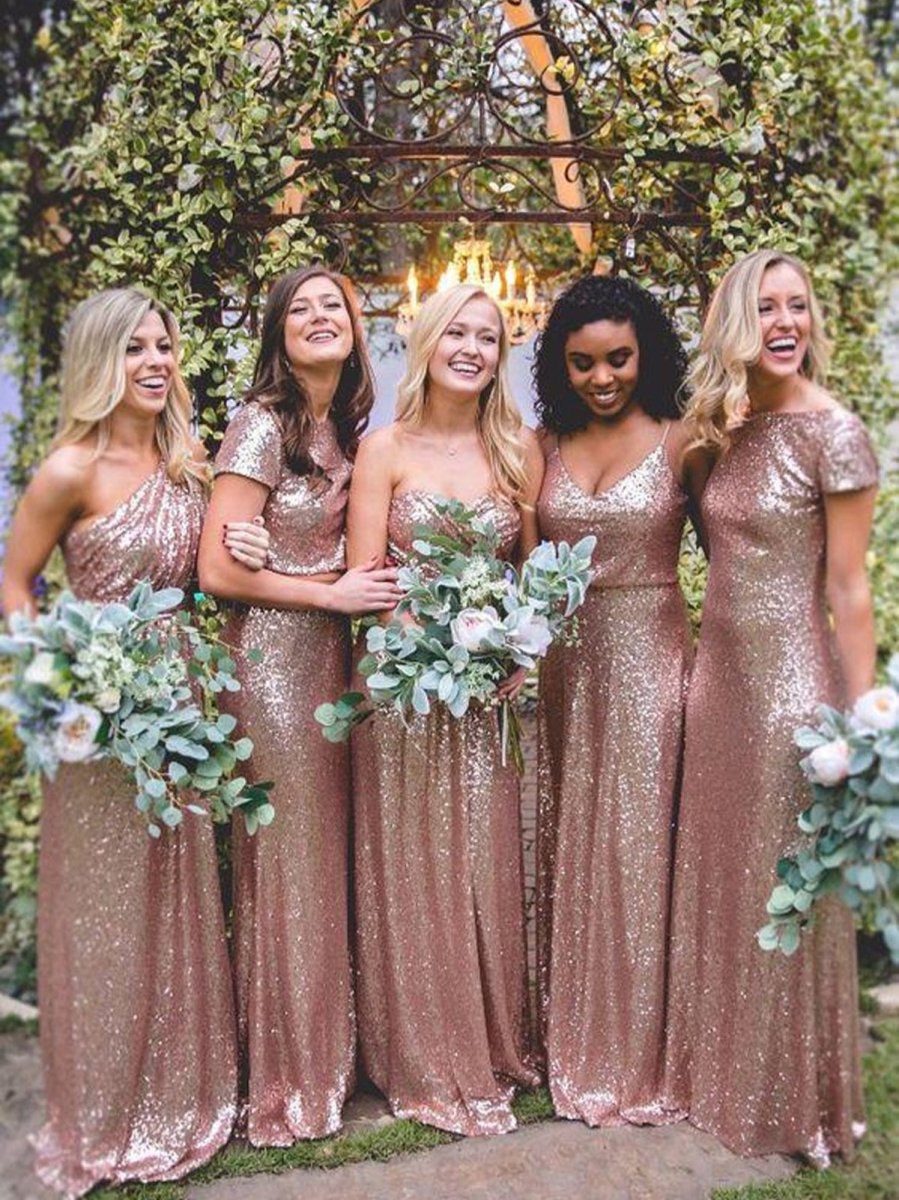 Hot Mismatched Gold Rose Sequined Bridesmaid Dresses - KissProm