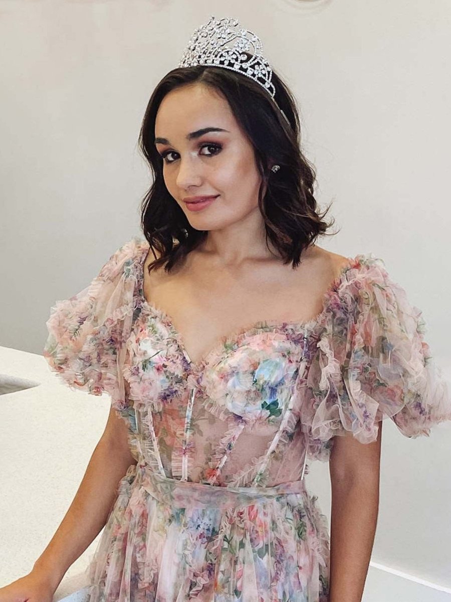 Sydney |A Line Off The Shoulder Floral Tulle Prom Dress - KissProm