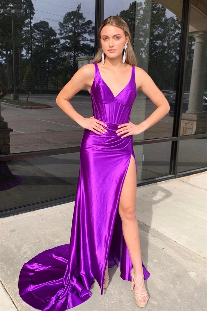 Lara | Grape Mermaid Satin V Neck Long Prom Dress with Slit - KissProm