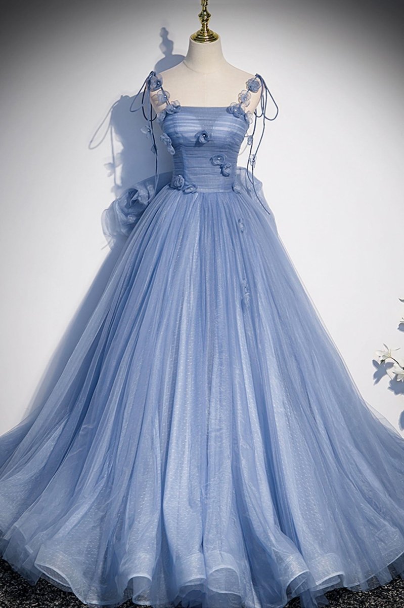 Karla | Blue Tulle Long A - Line Prom Dress Blue Spaghetti Straps Party Dress with Bow - KissProm