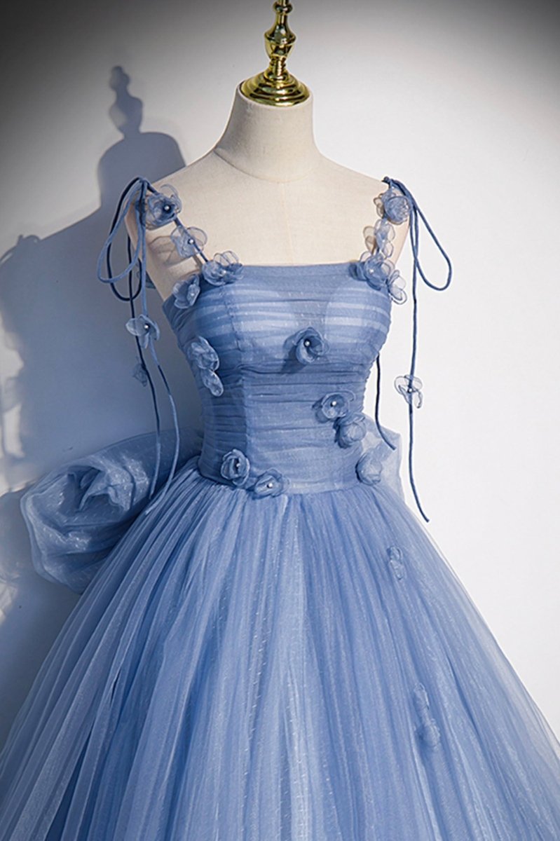 Karla | Blue Tulle Long A - Line Prom Dress Blue Spaghetti Straps Party Dress with Bow - KissProm