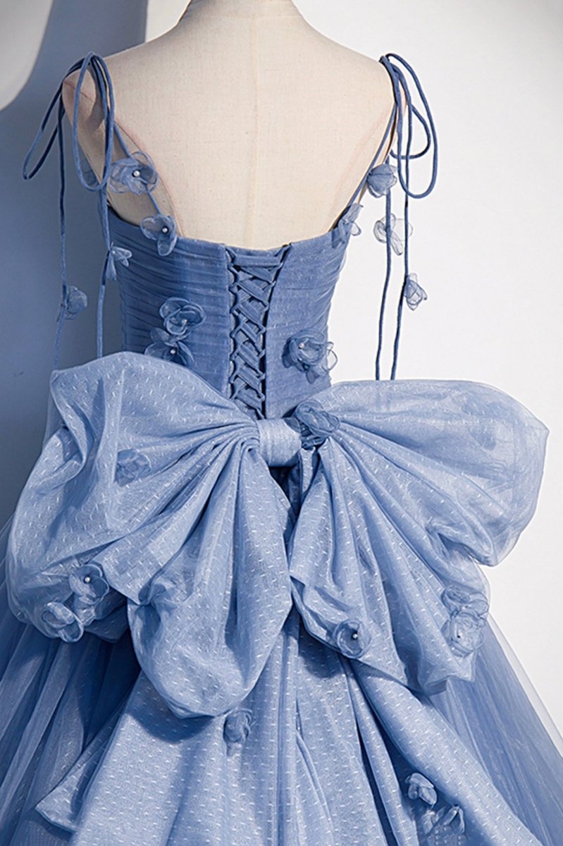 Karla | Blue Tulle Long A - Line Prom Dress Blue Spaghetti Straps Party Dress with Bow - KissProm