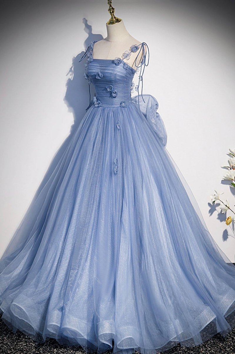 Karla | Blue Tulle Long A - Line Prom Dress Blue Spaghetti Straps Party Dress with Bow - KissProm