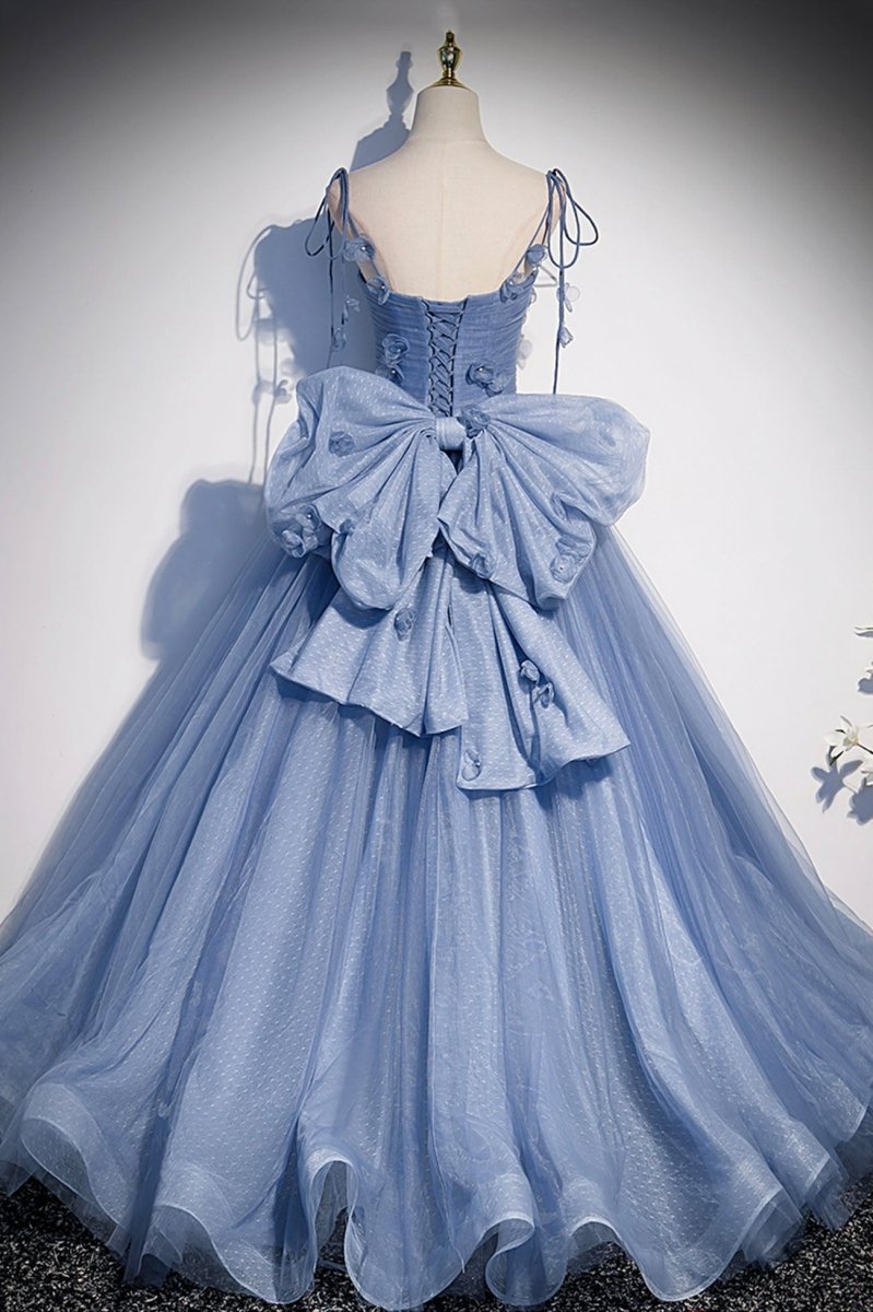 Karla | Blue Tulle Long A - Line Prom Dress Blue Spaghetti Straps Party Dress with Bow - KissProm