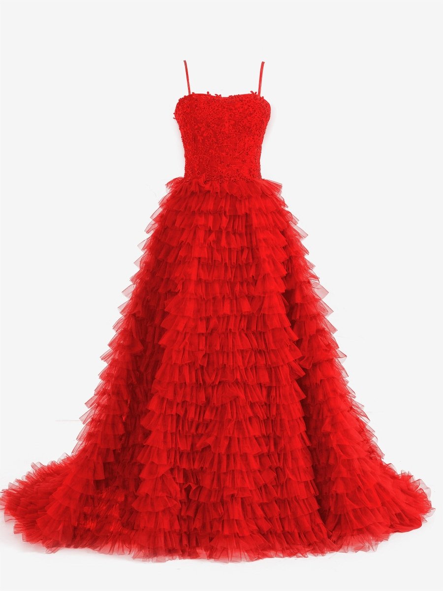 Jordan | Red A - Line Tiered Sequins Tulle Long Prom Dress - KissProm