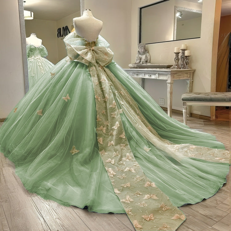 Ball Gown Light Green Tulle Quinceanera Dress With Butterflies - KissProm