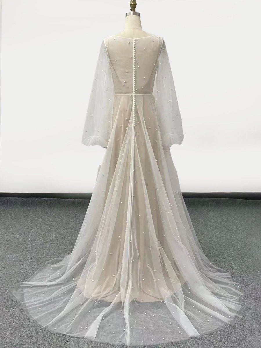 Franceska | Simple Modest A - Line Long Sleeve Tulle Elopement Illusion Wedding Dress with Pearl - KissProm