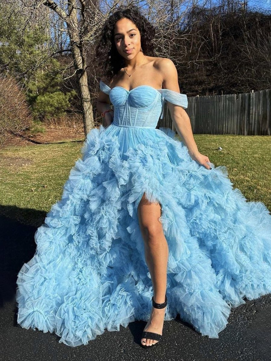 Kenia |A Line Off the Shoulder Ruffled Tulle Prom Dress with Slit - KissProm