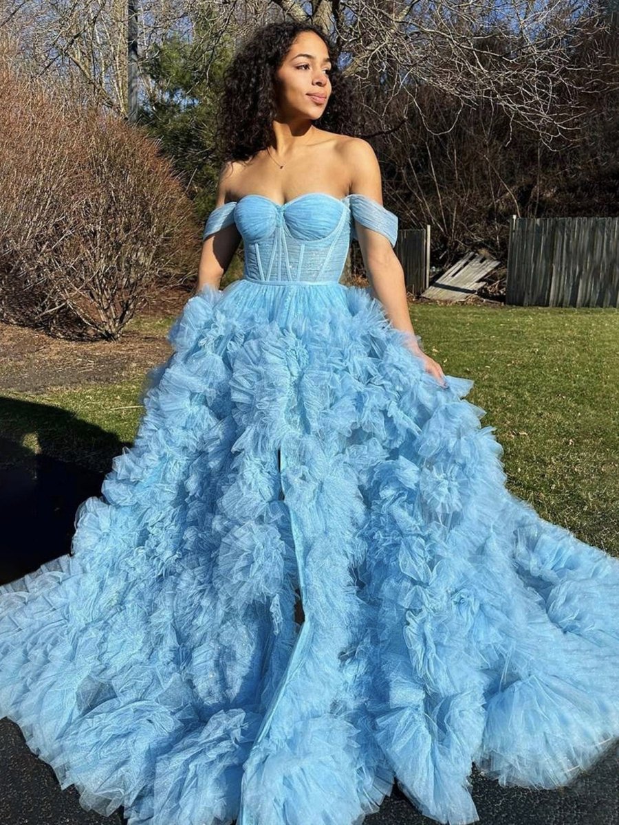 Kenia |A Line Off the Shoulder Ruffled Tulle Prom Dress with Slit - KissProm