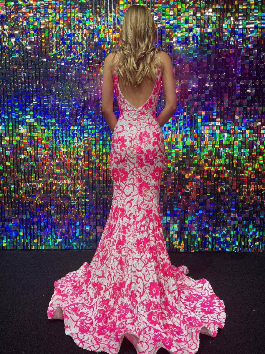 Bailey | Pink V Neck Sequin Lace Mermaid Prom Dress - KissProm