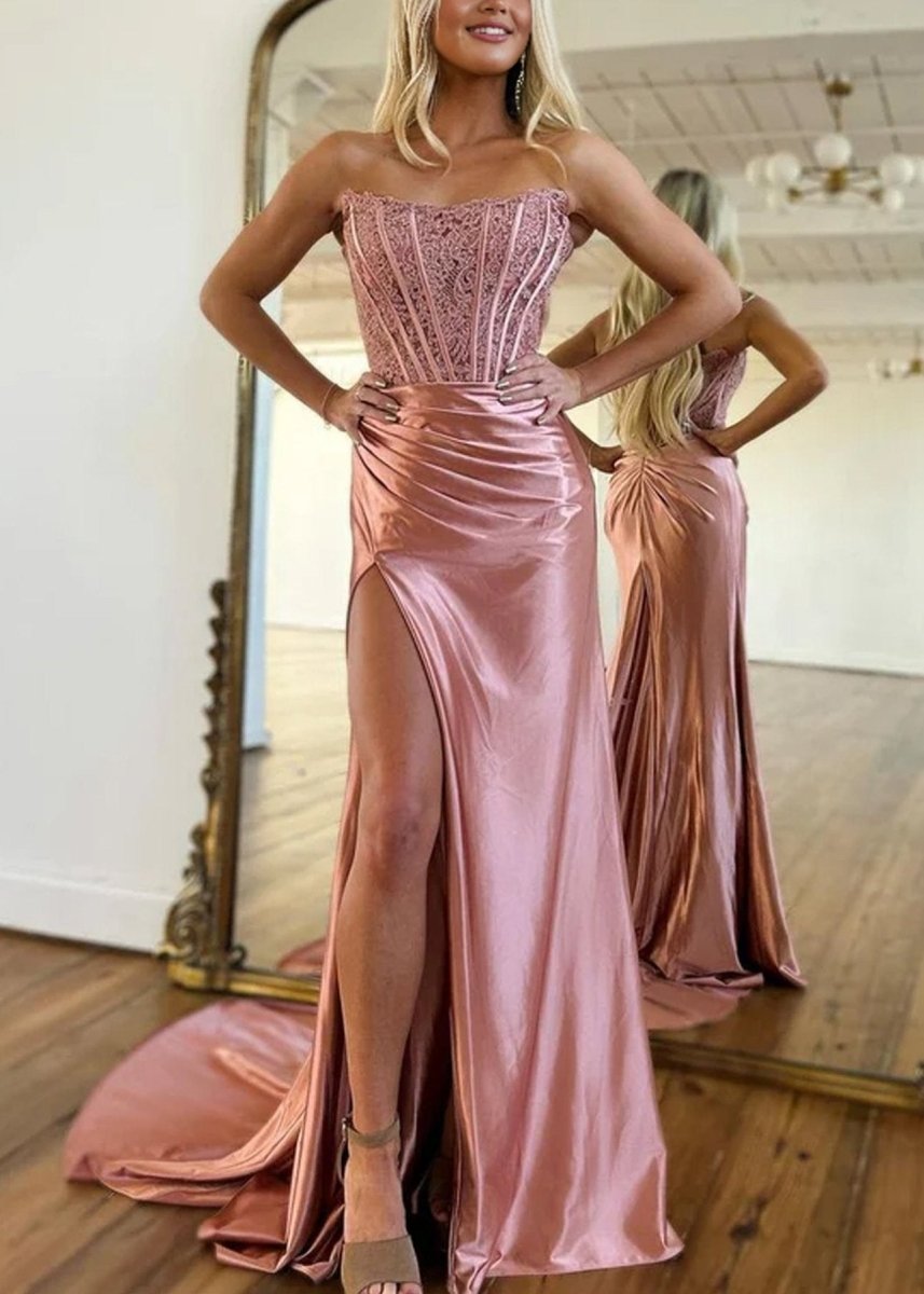 Arielle |Sheath Strapless Corset Satin Prom Dress with Slit - KissProm