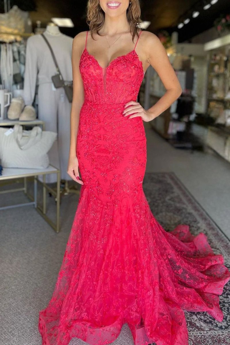 Kanika | Hot Pink V Neck Mermaid Lace Prom Dresses - KissProm