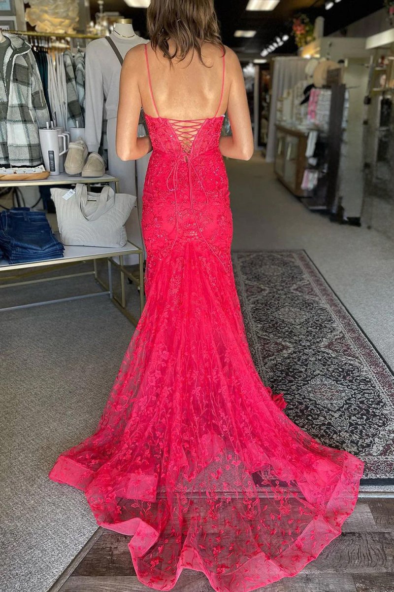 Kanika | Hot Pink V Neck Mermaid Lace Prom Dresses - KissProm