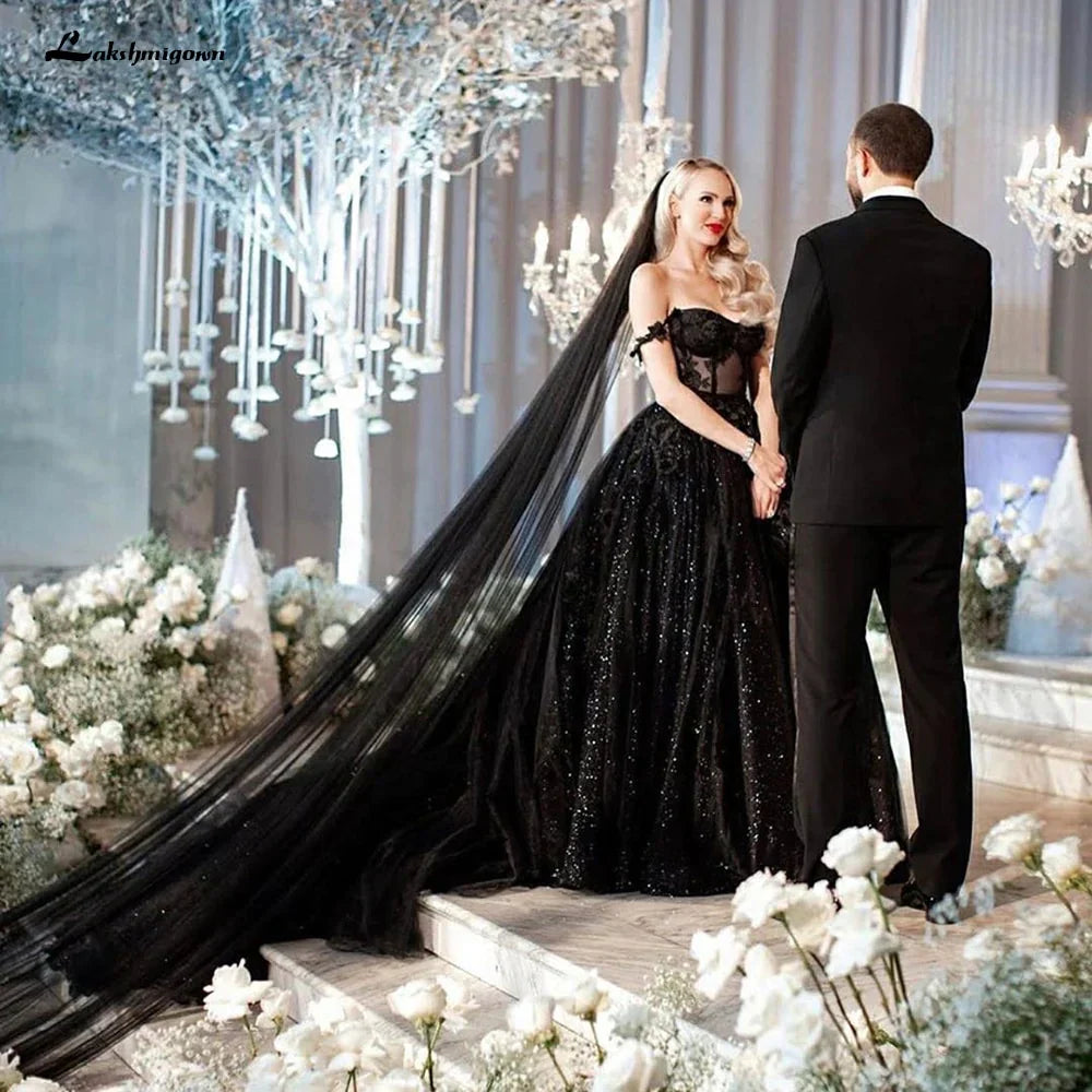 A-Line Black Gothic Wedding Dresses with Sequin Lace Appliques