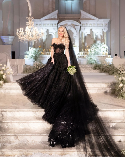 A-Line Black Gothic Wedding Dresses with Sequin Lace Appliques