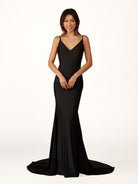 Navy Blue Beaded V - Neck Backless Mermaid Long Prom Dress - KissProm