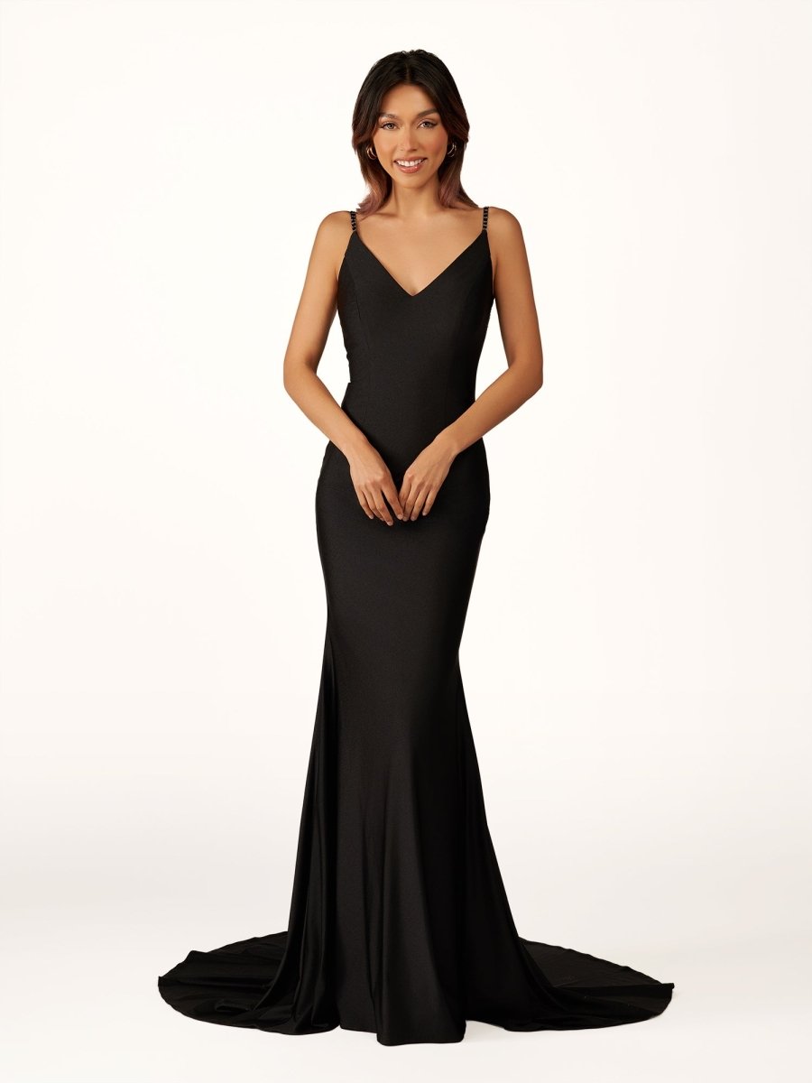 Navy Blue Beaded V - Neck Backless Mermaid Long Prom Dress - KissProm