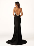 Navy Blue Beaded V - Neck Backless Mermaid Long Prom Dress - KissProm