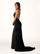 Navy Blue Beaded V - Neck Backless Mermaid Long Prom Dress - KissProm