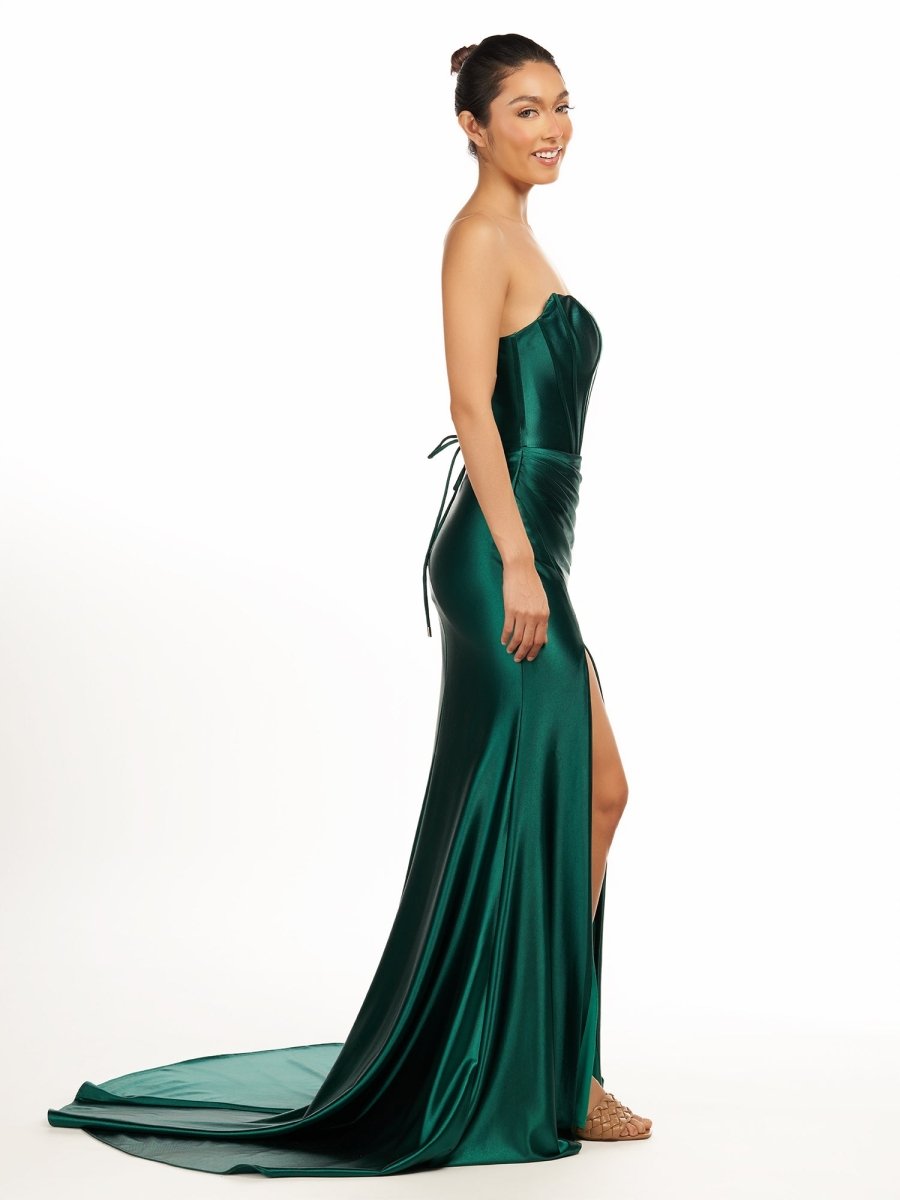 Serilda | Dark Green Strapless Sheath Satin Long Prom Dress With Split - KissProm