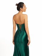 Serilda | Dark Green Strapless Sheath Satin Long Prom Dress With Split - KissProm